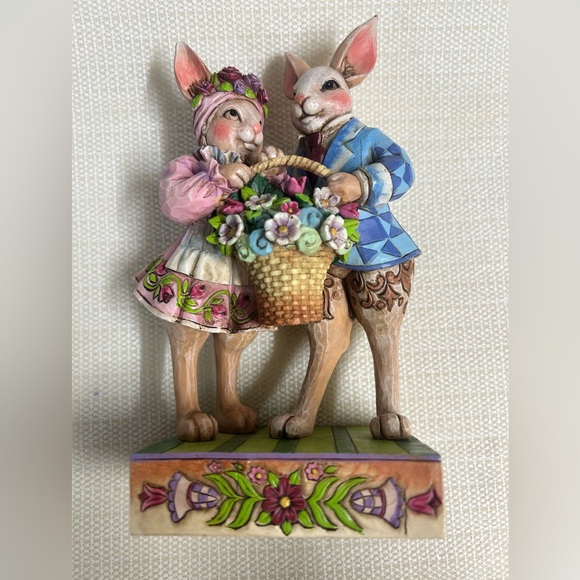 Jim Shore Other - Jim Shore Pink & Blue Bunny Couple with Flower Basket Figurine